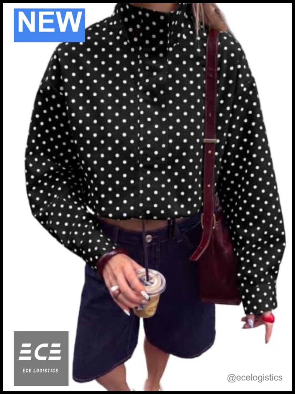 Womens Polka Dot Zip Up Cropped Casual Jacket Long Sleeve Outerwear